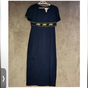 Vintage Scarlet Maxi Dress Womens 7/8 Blue Gold Metallic Embroidered Tiger Tie